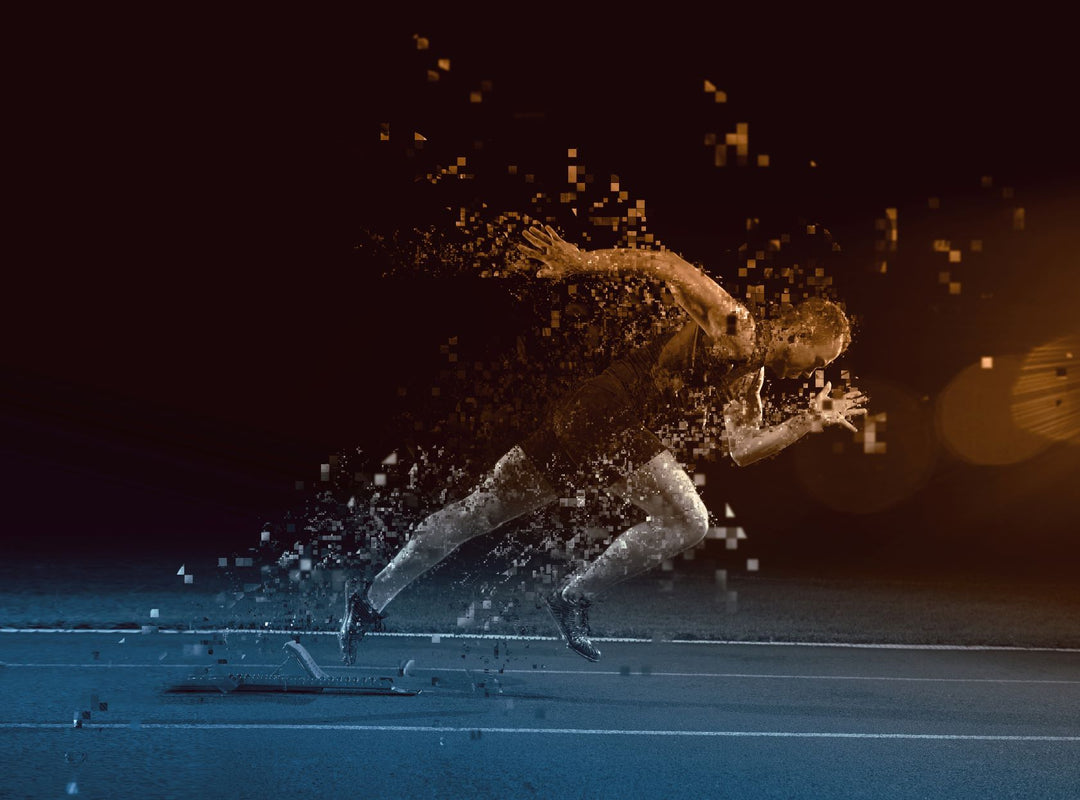 Man running track with black background.
