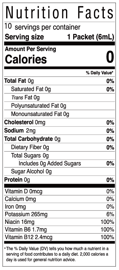 Strike Force Energy Nutrition Facts: 10 servings per container, 0 calories, 0 sugar, 100% DV niacin, B6 and B12 per 6 mL packet